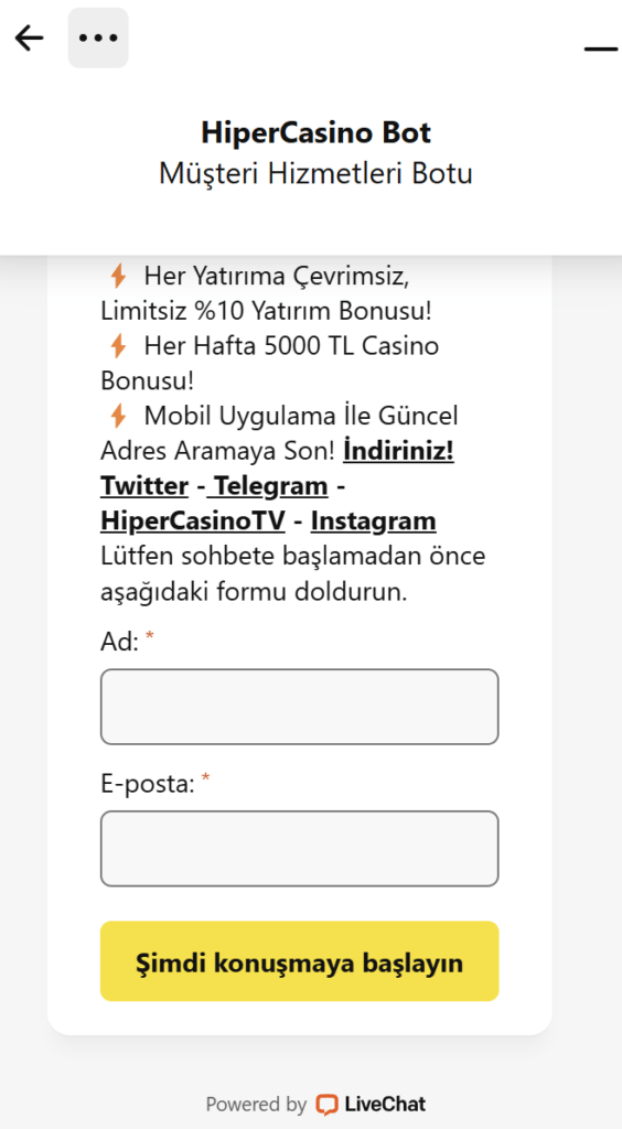 HiperCasino desteğinin önizlemesi